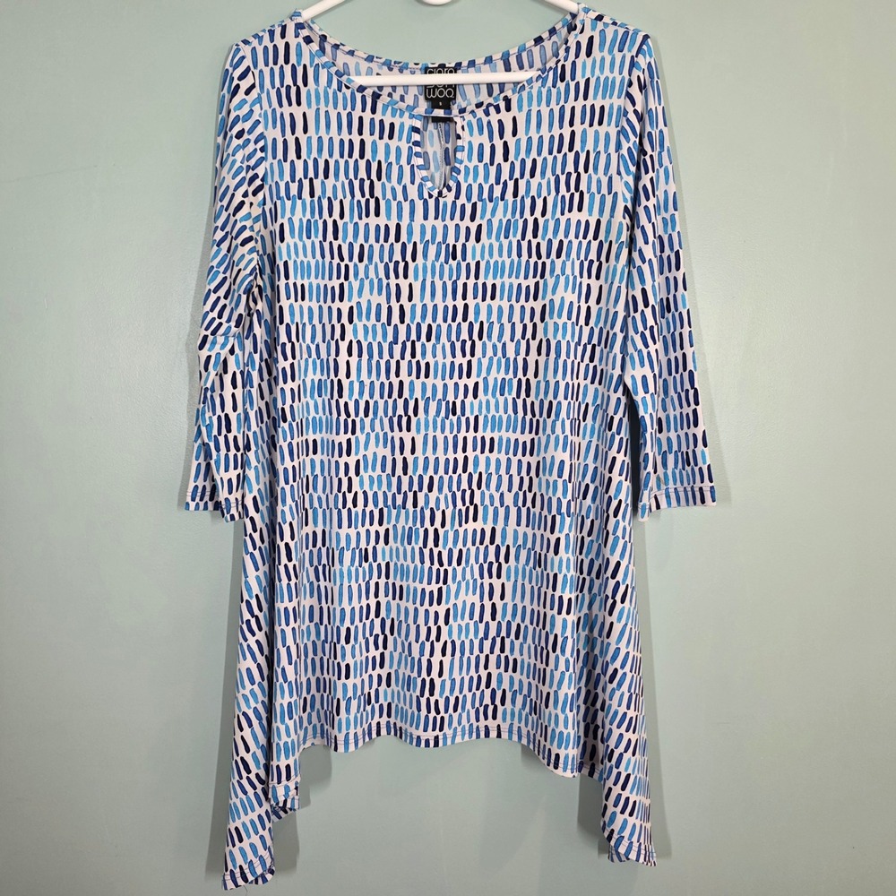 Clara Sunwoo Blue White Abstract Dash Print Sharkbite Hem Tunic Top Small USA